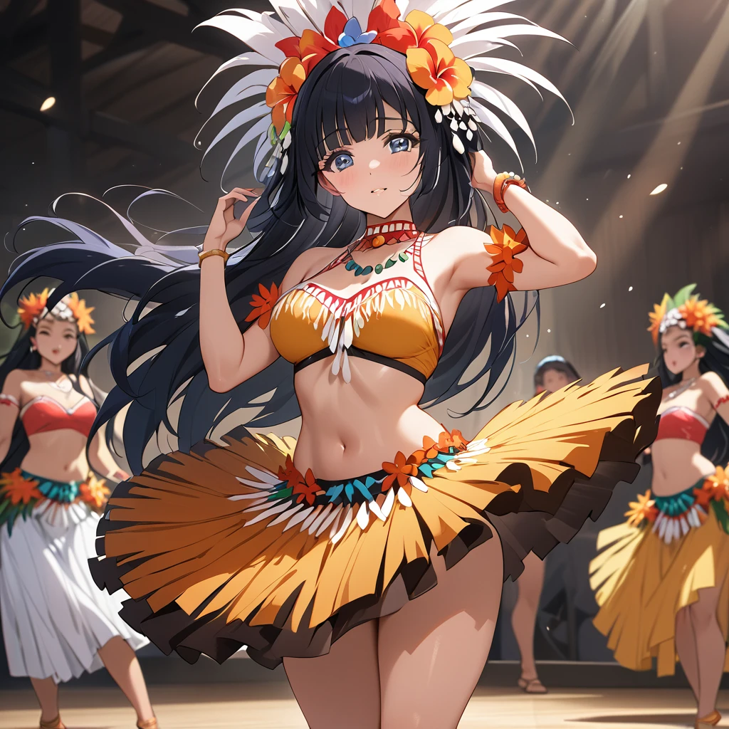 ((Highest quality)), ((masterpiece)), (detailed), （Perfect Face）、The woman is Reika Aoki with semi-long hair、The woman is wearing a Tahitian dance costume and dancing the Tahitian dance Toere.