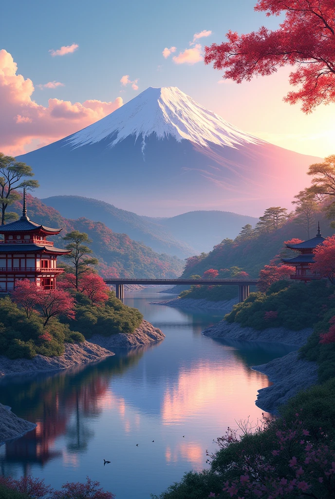 Japanese scenery,Fuji Mountain,Clear sky,Sunrise rises,Landscape images