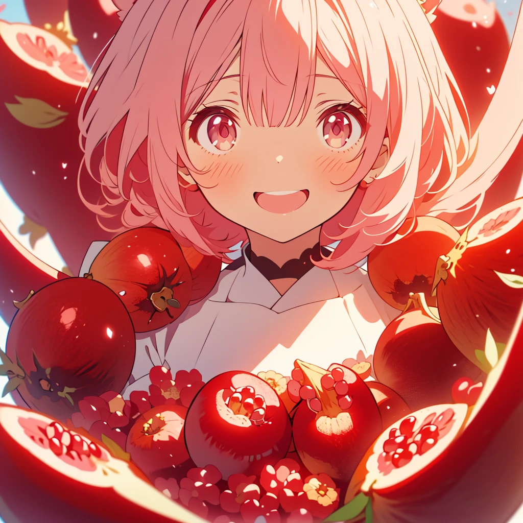 kawaii, anime, Cute, hyper quality, highly detailed, 8k, Clarity, Draw facial expressions in detail, A young girl with short light pink hair and scarlet eyes., pomegranate, pomegranate fruit, smile,