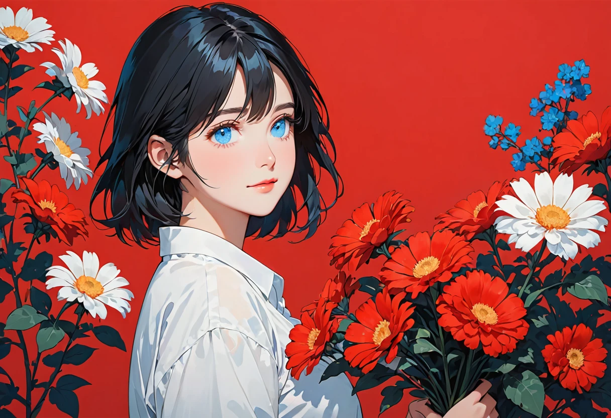 A girl holding flowers on her shoulder on a red background, one girl, flower, alone, flower, black hair, blue eyes, shirt, red background, white shirt, second red red, simple background, official,,