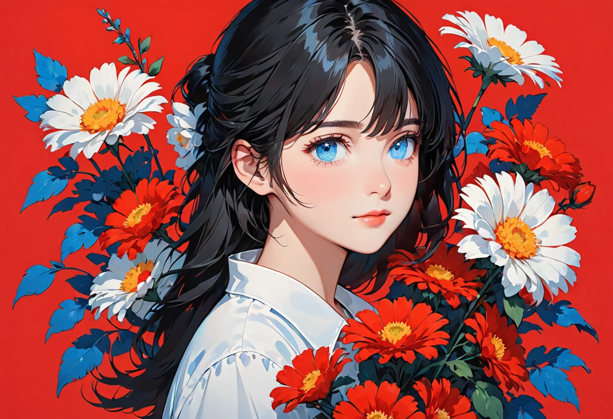 A girl holding flowers on her shoulder on a red background, one girl, flower, alone, flower, black hair, blue eyes, shirt, red background, white shirt, second red red, simple background, official,,