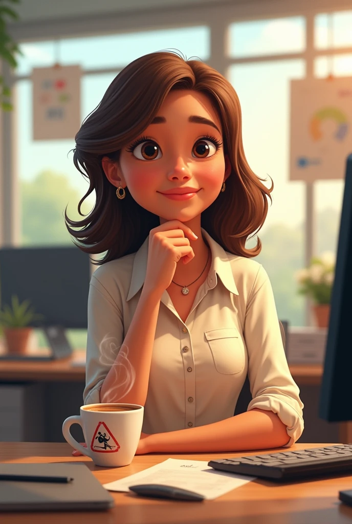 2d pixar style programmer; light brown hair; medium hair; brown eyes; woman; loves coffee and working in hdfc bank Ltd