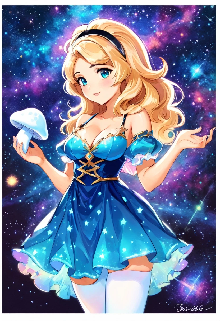 a beautiful 20 year old blonde Kate Upton with big messy hair in a blue dress, white stockings, black headband, cleavage, holding a glowing mushroom, fantasy art style,  cartoon vibrant, cute detailed digital art, colorful digital fantasy art, digital fantasy art ), glossy digital painting, pastel vibrant, colorful stardust.