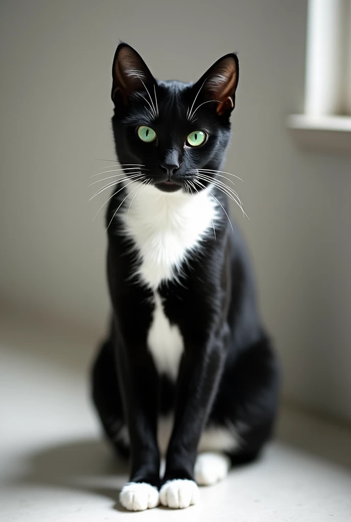 Take me a picture of a black and white cat with green eyes and that is elegant