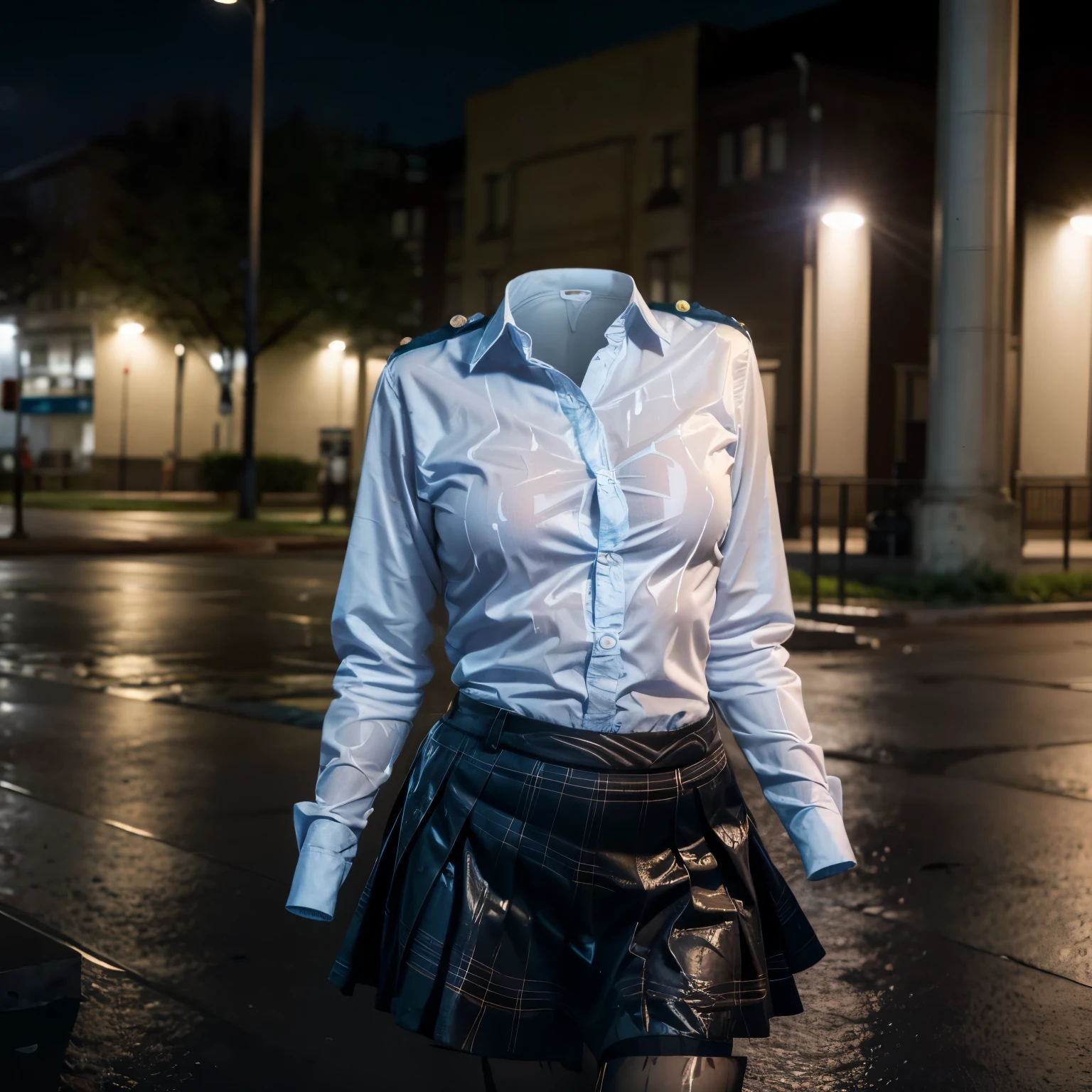 (Best-quality, Masterpiece, Ultra-High-Resolution, (Photorealistic:1.4), Raw Photo, depth of field, professional lighting, perfect anatomy, extremely details), 1girl, 15-years-old, cowboy shot, wearing extremely wet school blouse in city, school uniform, plaid skirt