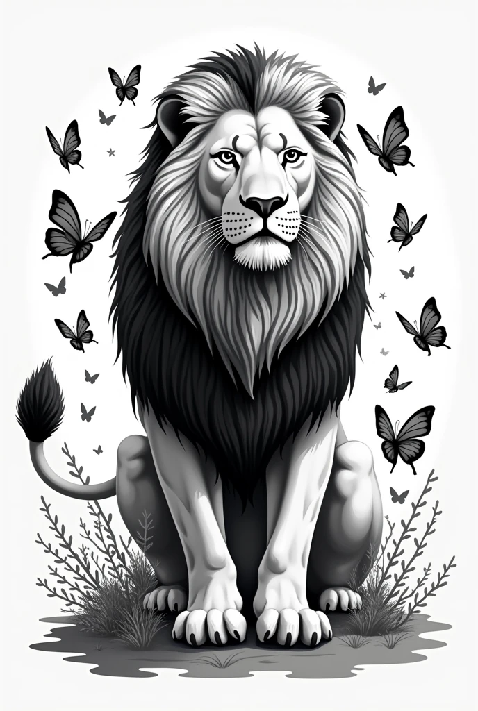 vector black and white lion with butterflies