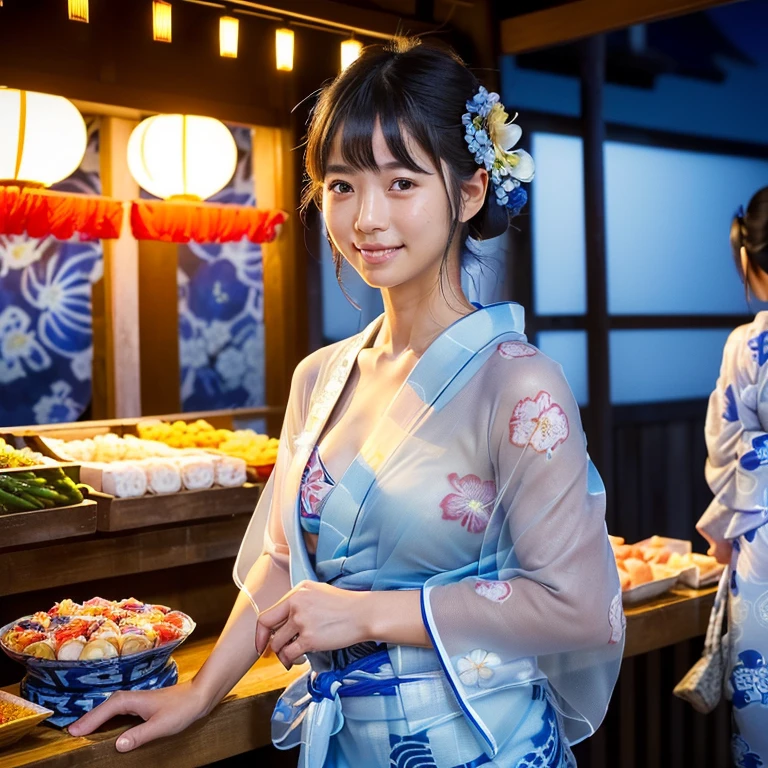 (((The yukata is short and reveals her sexy thighs..)))、(((Shoulder Bare)))、See-through sexy yukata、Cute 20 year old Japanese idol、(((Bare skin visible through the yukata.)))、(((A see-through yukata)))、(One Girl)、Very cute face、Great face and eyes、(Highly detailed eyes、Highly detailed face)、Fresh、Very beautiful appearance、(超Realistic、High resolution)、(Highest quality:1.4)、RAW Photos、(Realistic、Realistic:1.37)、Professional photos、(A pale blue, sheer floral yukata that lets a little skin show through:1.5)、(Open yukata)、(Cleavage:1.2)、(Exposed shoulders)、smile、(Staring at I)、(((Crowded food stall at night)))、Portrait of a Girl、(((I'Not wearing underwear)))、Big Breasts、Emphasis on Cleavage、Glowing Skin、It's hot and humid and I'Sweating、A yukata that fits snugly against the skin