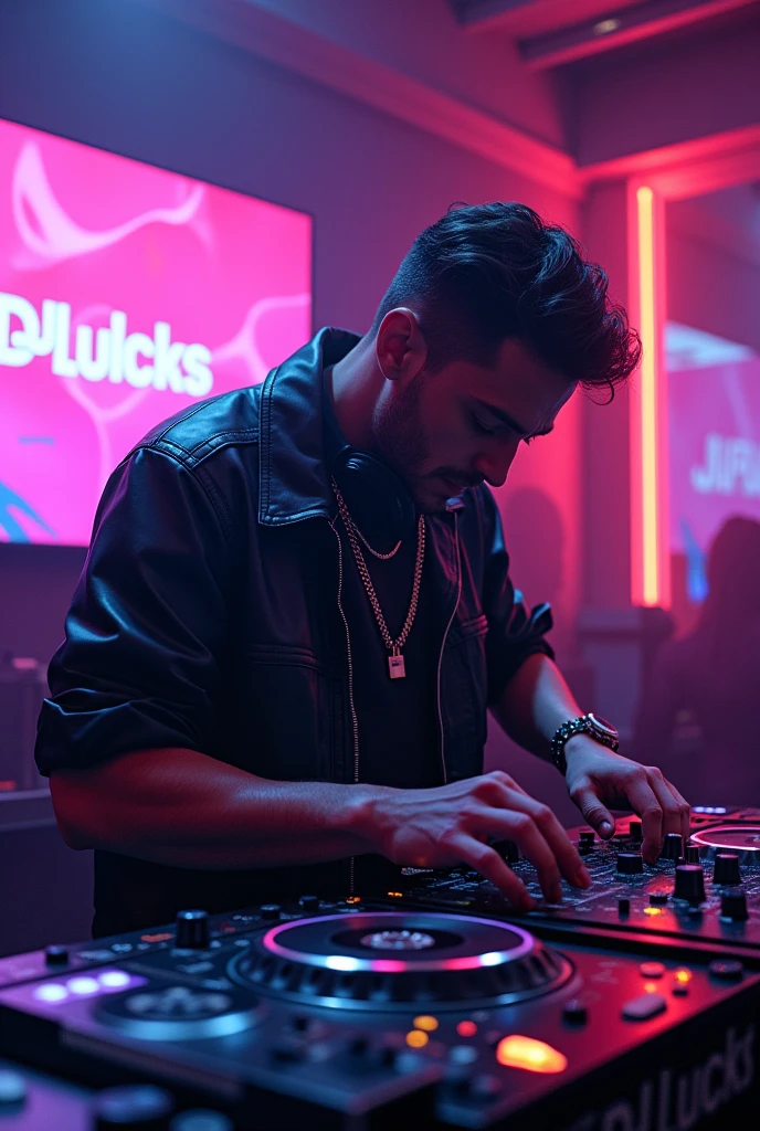 Create a image of a male person deejay mixing in club with blinking lights showing dj plucks don't forget to write that name Write dj plucks on A TV in the wall