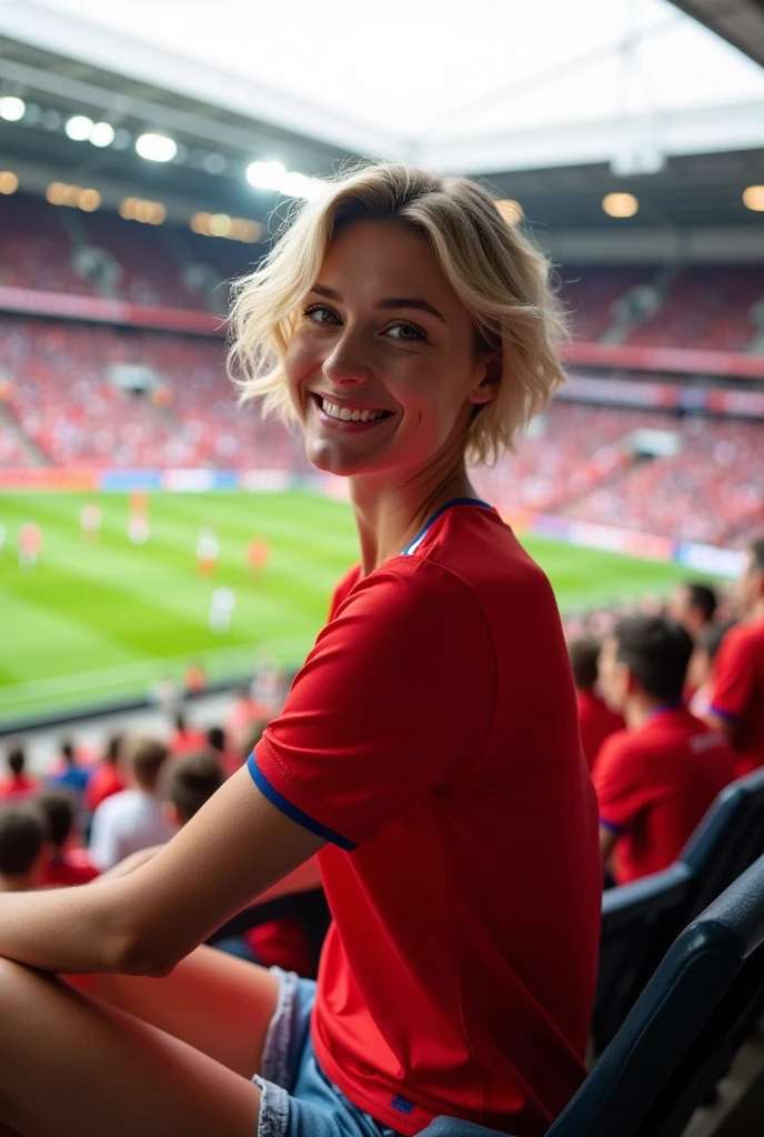 beautiful woman, Blonde girl with short wavy hair and medium breasts In the crowded stands of a football stadium, A young blonde with short wavy hair is enjoying the game, proudly wearing the red jersey of the Czech Republic national team. T-shirt, adjusted to your athletic figure, It highlights her toned silhouette and the vibrant color contrasts with the golden tone of her tanned skin..

Sitting in her seat, The young woman looks at the camera with an enthusiastic smile, His green eyes shining with the excitement of the game. She is wearing mini jeans that reveal her long, slender legs., accentuating her casual yet attractive look, while the national team jersey adds a patriotic touch to their style.

The stadium around him is full of energy, with fans waving flags and chants echoing through the air. Behind her, the green field stretches out, with the players in full action, reflecting the intensity of the match. the crowd, vibrant and passionate, creates an electrifying atmosphere that is felt in every corner of the stadium.

Describes how the young woman, with the Czech Republic national team jersey and his cheerful and relaxed attitude, encapsulates the fervour and excitement of football, highlighting both its natural beauty and its sporting spirit amidst the passion of an international match