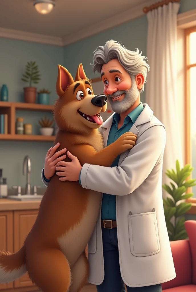 Human hugging dog pic with male veterinary doctor