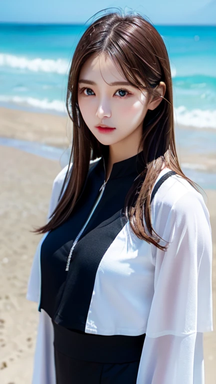 (Photorealistic), Beautiful detailed, Highly detailed eyes and face,Perfect figure,】、Silver long-haired、whole body、Are standing、Black Sailor Suit、The background is the beach