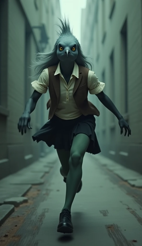 ((Highest quality)), ((masterpiece)), (horror movie posters:1.5), (short-sleeved shirt), (Motion Blur:1.1), (Jason runs away:1.6), A muscular grey female pigeon chasing, グレーの女性のハトがオフホワイトで襟付きのshort-sleeved shirtに薄茶色のベストを着てひざ丈の黒いスカートに濃い緑の靴下と黒の靴を履いている, Photorealistic images,