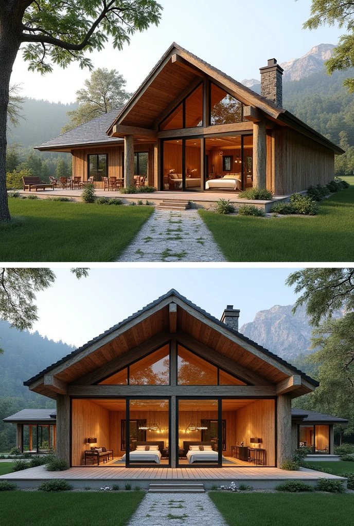 Design a 60m2 country house: 1 small bedroom and shared bathroom: 1 double bedroom with suite and closet next to the living room: kitchen combined with living room with fireplace and view: and the master bedroom with a view: 60cm round wood log columns, gable roof and glass front 