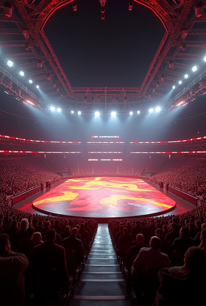 A grandiose stage for a wrestling event in a stadium, the stage is made of LED screens and the color scheme is the German flag. Focus on the stage and make it big on an outdoor stadium