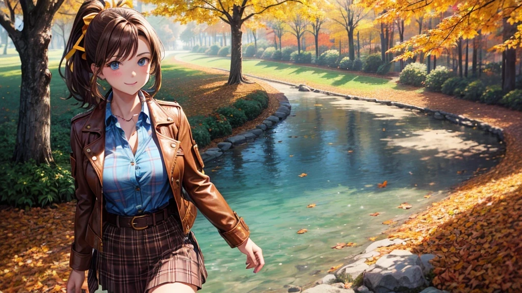 1girl, solo, trees, sun, clouds, autumn, colorful trees, falling leaves, ((brown hair)), ponytail, large breasts, ((brown leather jacket)), button down shirt, ((blue checked shirt)), ((checked shirt)), ((unbuttoned shirt)), ((unbuttoning buttons)), ((popping buttons)), cleavage, blue eyes, mini skirt, brown boots, smile, happy, looking at the viewer, ((walking)), hair ribbon, golden necklate