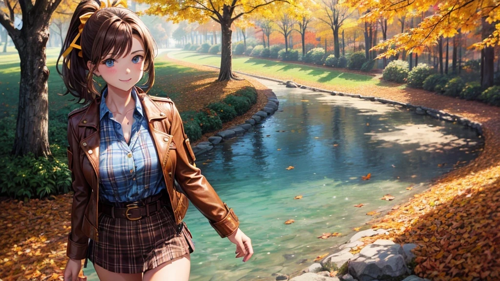 1girl, solo, trees, sun, clouds, autumn, colorful trees, falling leaves, ((brown hair)), ponytail, large breasts, ((brown leather jacket)), button down shirt, ((blue checked shirt)), ((checked shirt)), ((unbuttoned shirt)), ((unbuttoning buttons)), ((popping buttons)), cleavage, blue eyes, mini skirt, brown boots, smile, happy, looking at the viewer, ((walking)), hair ribbon, golden necklate