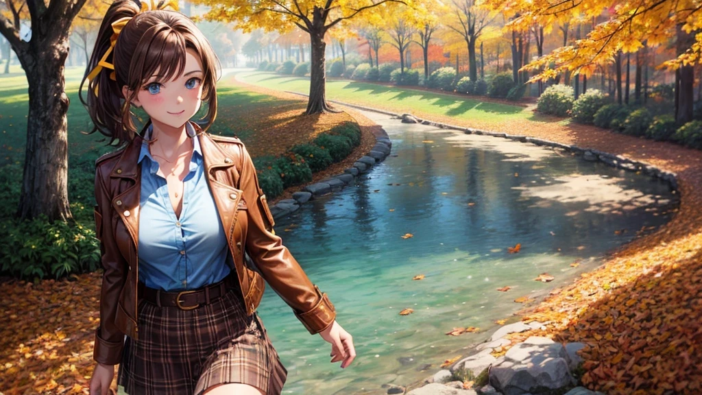1girl, solo, trees, sun, clouds, autumn, colorful trees, falling leaves, ((brown hair)), ponytail, large breasts, ((brown leather jacket)), button down shirt, ((blue checked shirt)), ((checked shirt)), ((unbuttoned shirt)), ((unbuttoning buttons)), ((popping buttons)), cleavage, blue eyes, mini skirt, brown boots, smile, happy, looking at the viewer, ((walking)), hair ribbon, golden necklate