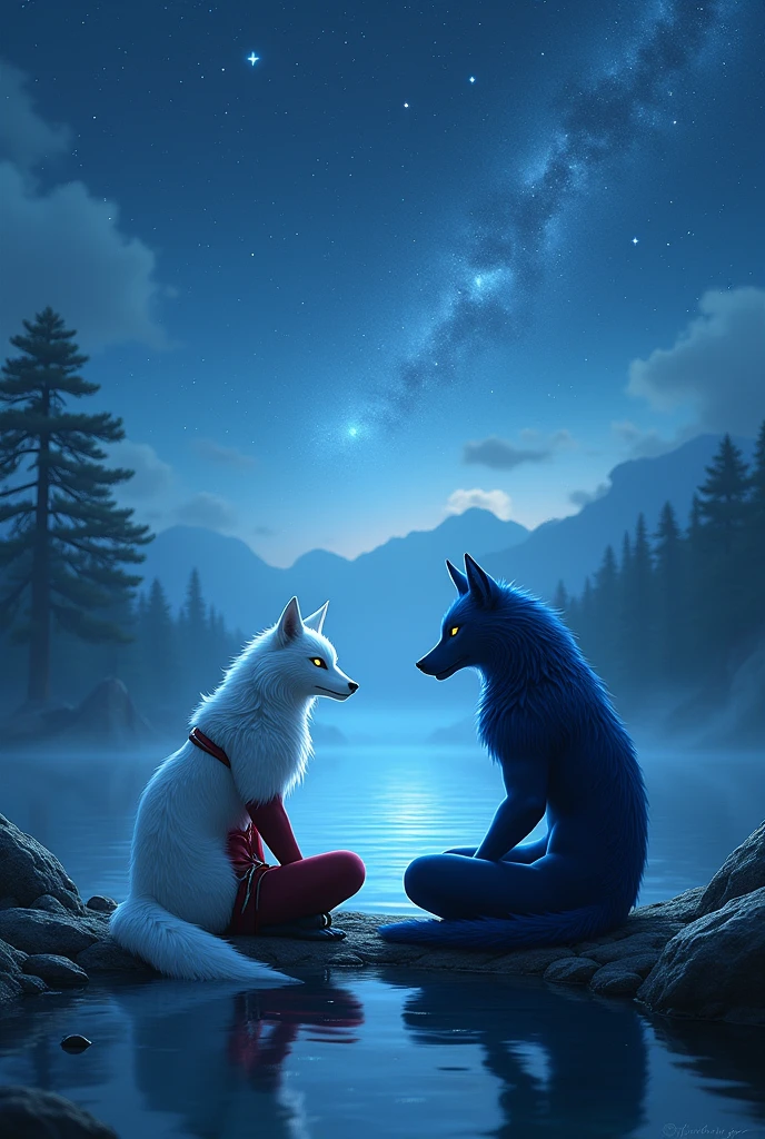 a humanoid ninja white lady fox with blue eyes and a humanoid,bodybuilder blue ninja wolf with yellow eyes sitting near the lake at night under the star flight