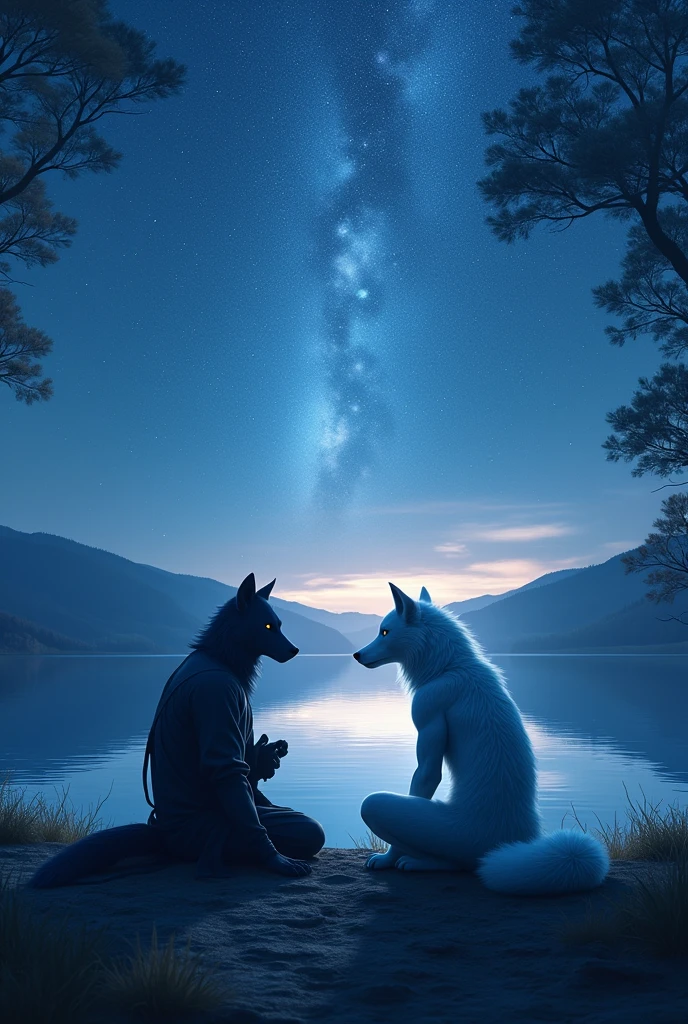 a humanoid ninja white lady fox with blue eyes and a humanoid,bodybuilder blue ninja wolf with yellow eyes sitting near the lake at night under the star flight