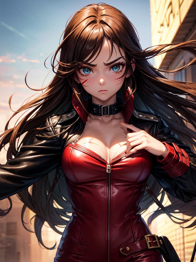 anime woman, 20 year, long hair, brown, greeneyes, calm face, red makeup under the eyes, bushy eyebrows, scar on cheek, leather jacket