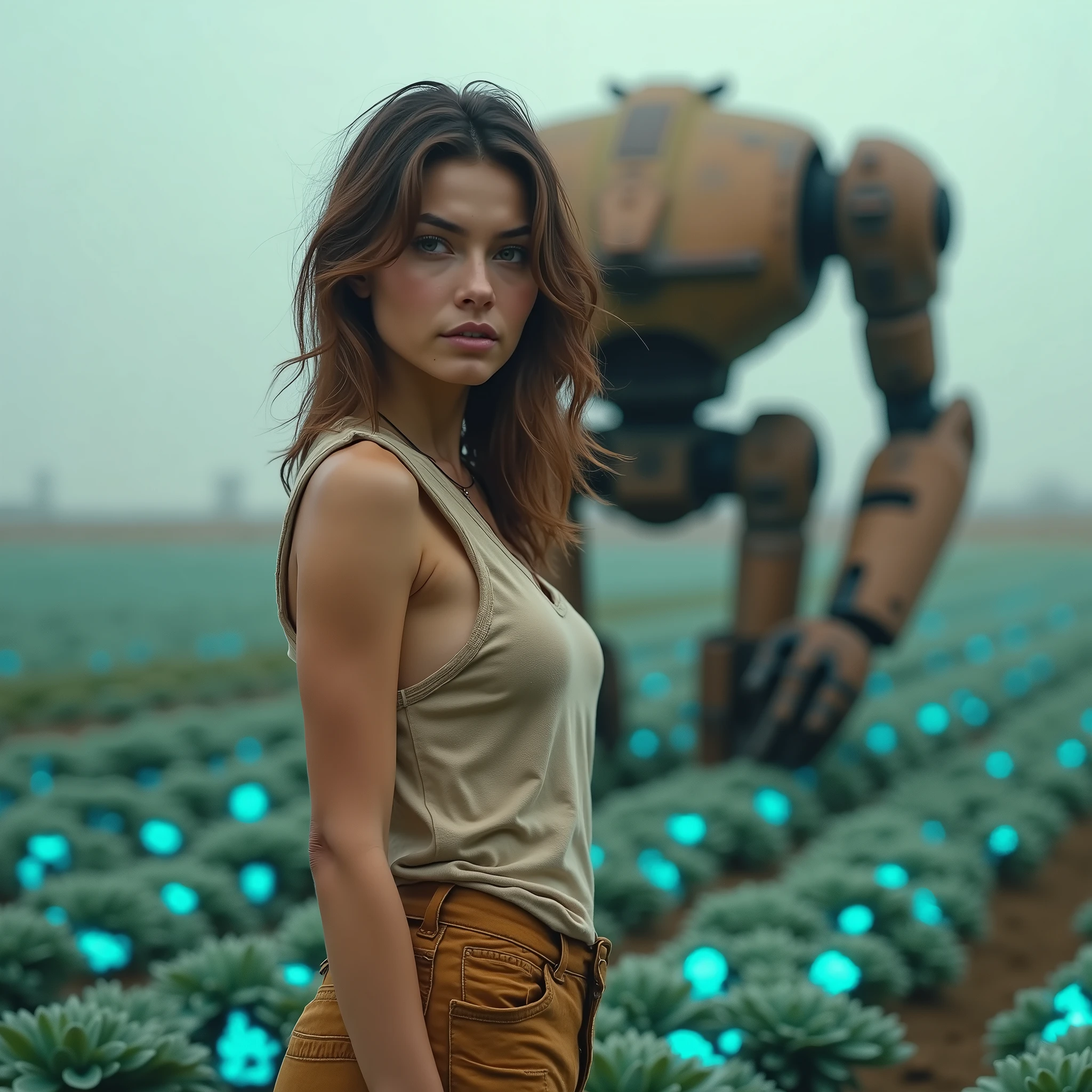(Photorealistic:1.4). professional photography. 3150s style) in a neo retro futuristic dystopian world. A European farmer in the foreground, 30 years old and beautiful. she has brown hair , the green eyes, beautiful chest, 1m65, she is wearing a slightly dirty beige tight tank top and tight multi-pocket pants. She cultivates a field of electric blue bioluminescent plants, war robot of the old empire, heavy and rusty from the 2900s, Background. Ultra cinematic, ultra detailed, textures ultra detailles, contrast intense, High resolution, Anatomie correcte, Best Quality, uhd, textured skin, 8k