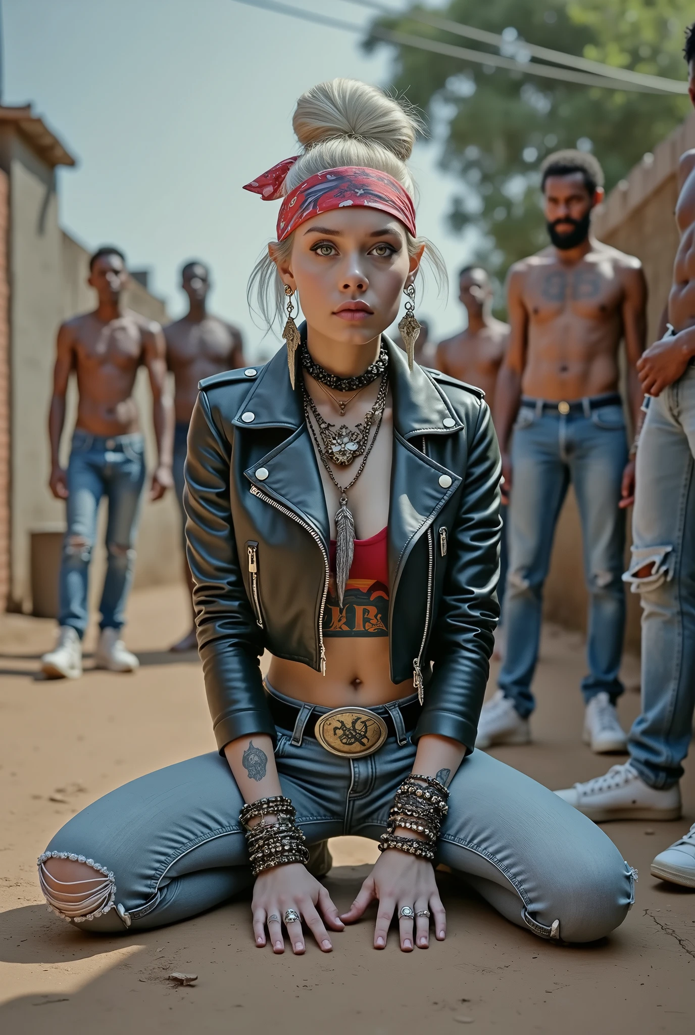 russian old milf woman, , blonde platinum hair (beehive bun) and wide colourful bandana as headband), with very light green eyes, extremely pale. No tan. Wearing aged cropped black moto jacket (zippers on the side). Cropped short dark red push up t-shirt with winged hammer and sickle logo and gothic lettering,, dark skinny low rise blue jeans with holes on knees (white cotton visible). White tennis sneakers and bead bracelets around ankles. Lots of thick wide studded bracelets, chain collars and big rings. Tacky wide studded leather belt with skull and bones oval buckle. Long earrings with chains and feathers. Kneeling, stretching her neck.. Hands on knees, spread legs, Toned abdominals, thin neck, slim legs and thin arms. Narrow hips. Heavily tattooed in colour on chest, hands, neck and arms. Crowded dirt street of Nairobi with shirtless men crowding behind her