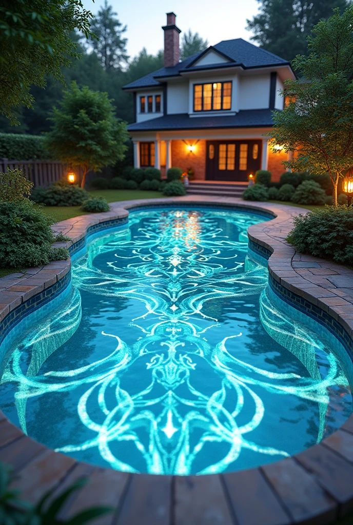 a magical pool in the backyard with beautiful designs , realistic pool , house poool