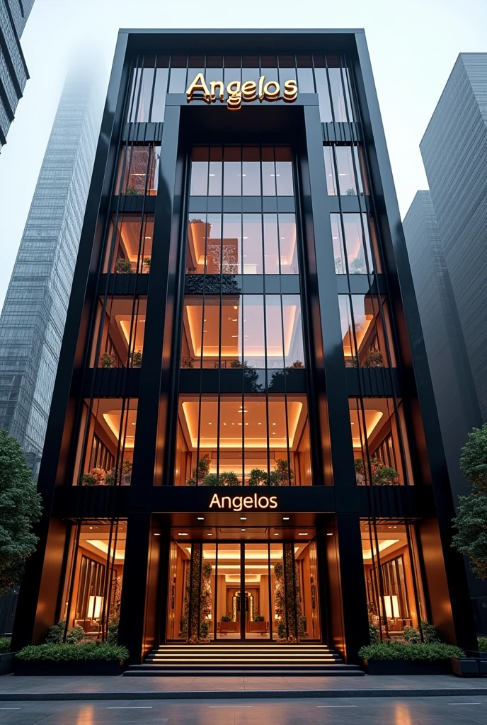 Draw a beauty spa luxurious, classy, extremely large beauty company with the name ANGELOS sign,Draw outside the store,Modern,Black and white,gold,red.Big