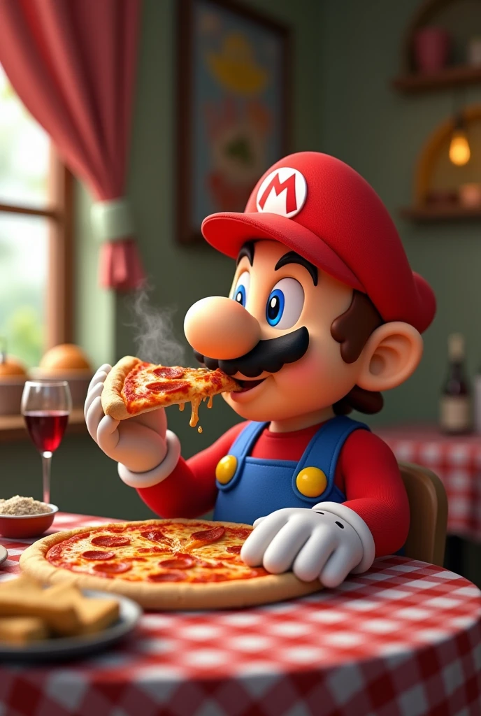Take a picture of Mario eating pizza