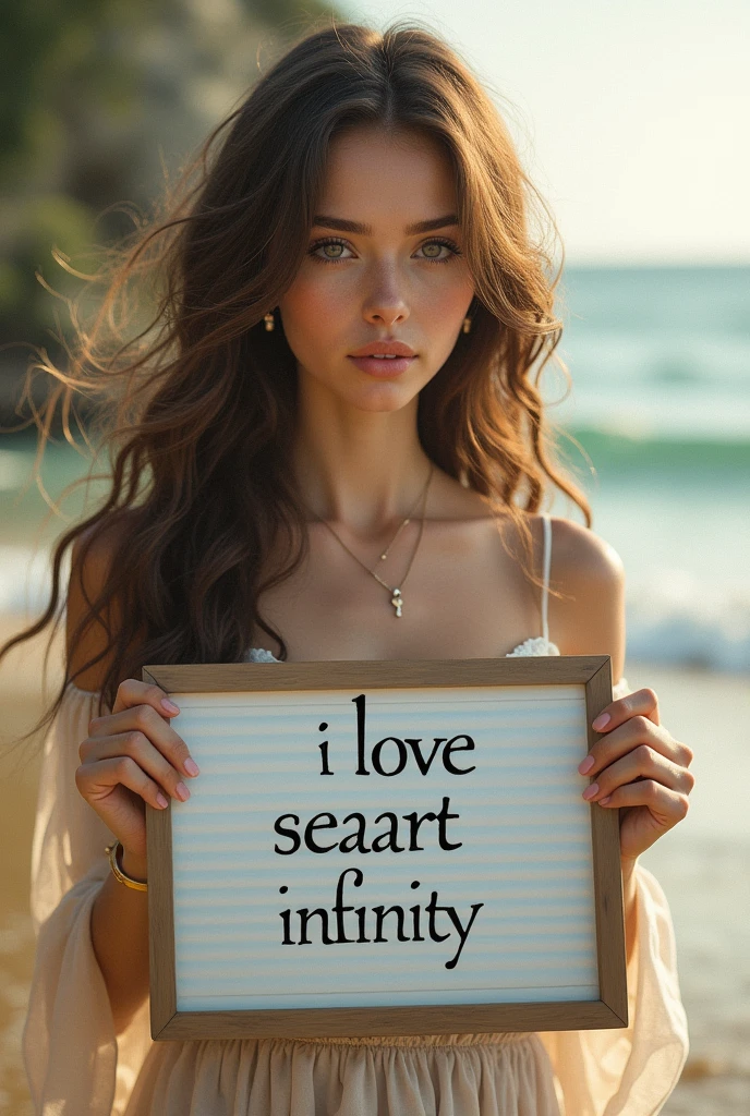 Beautiful girl with wavy long hair, bohemian dress, holding a white board with text "I Love Seaart Infinity" and showing it to the viewer