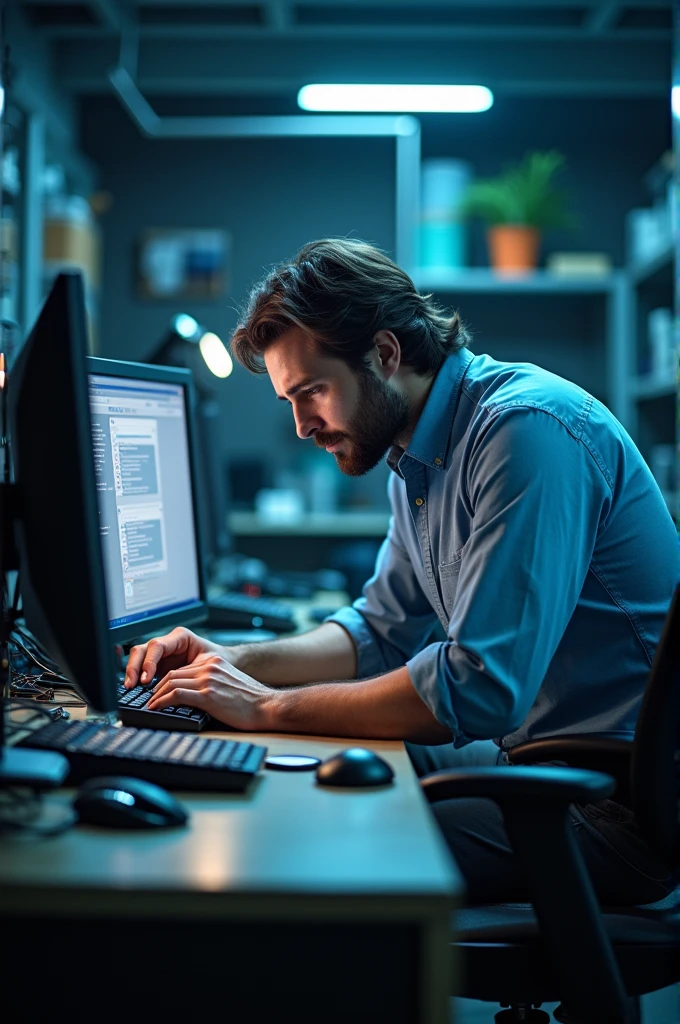 white male, western, 30 YEARS OLD, with medium length dark brown hair, well-groomed, and medium black beard, proffesional, fixing a computer with led in your electronics workshop, image must have medium contrast, high resolution, with modern and opaque background, highlighting the main character