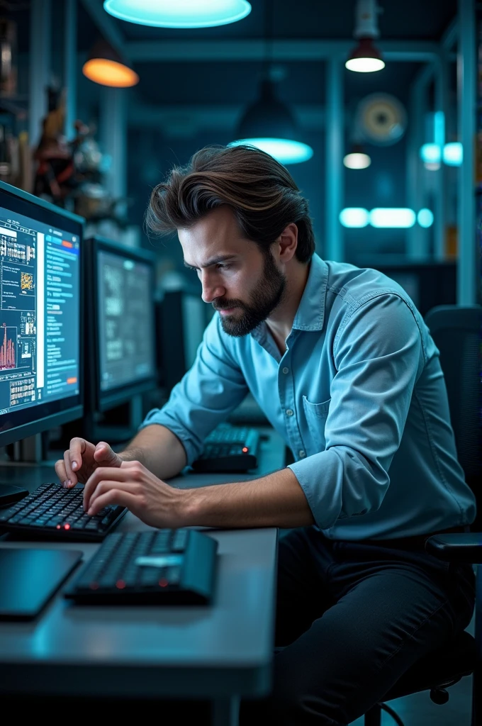 white male, western, 30 YEARS OLD, with medium length dark brown hair, well-groomed, and medium black beard, proffesional, fixing a computer with led in your electronics workshop, image must have medium contrast, high resolution, with modern and opaque background, highlighting the main character