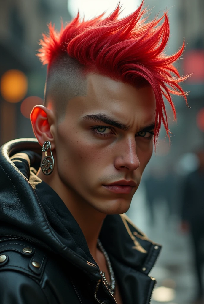 Underkut cut with long hair for a young man, longer than that, dyed red