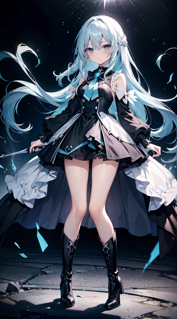 light blue　Long Hair　　Magical girl　Black Dress　mini skirt　beautiful girl　slender　Embarrassing　blush　Black boots　cool　Magic wand　fight　battle　Get Ready