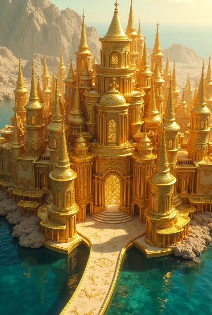 a golden city with castle-like buildings made of pure gold with diamonds on their doors and windows, with a crystal sea dividing the city