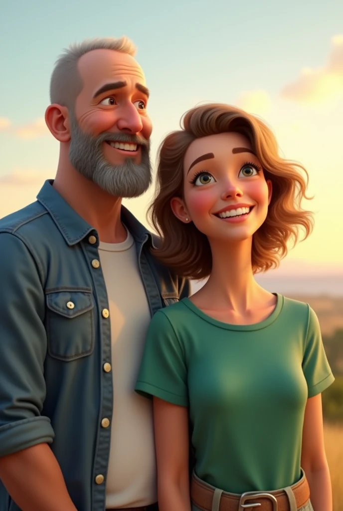 Pixar style image of a couple, full body shot. the wife is in front , She has a green shirt, She has light brown curly hair, white skin,plump complexion,35 years, The husband behind her is white-skinned, grey hair, shaved beard white shirt and blue jacket, 35 years, They are looking towards the horizon, they are smiling