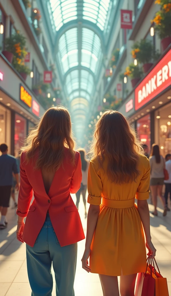 In the style of real movies,Two women in brightly colored clothes are shopping in a shopping mall,With your back to the camera
