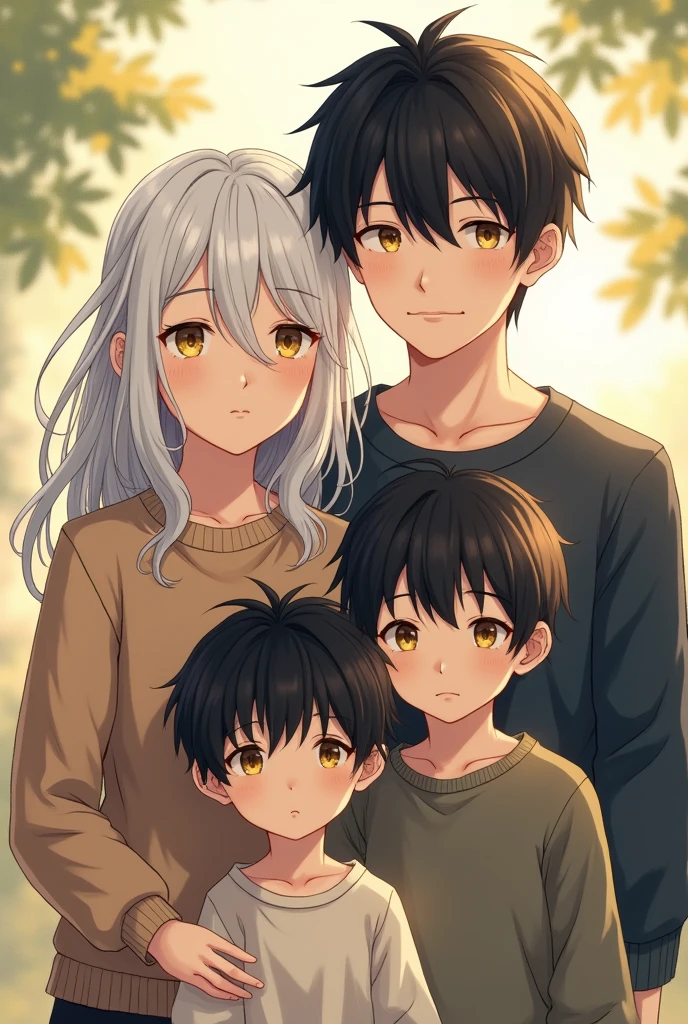  Japanese couple. A woman with natural white hair and golden eyes standing next to a man with black hair and grey eyes. They're both over 30.
Their 1 son and  son stand in front of them the older one have messy white hair falling on his forehead. His eyes are golden. The son handsome. The youngest son is cute he have black hair and golden eyes 