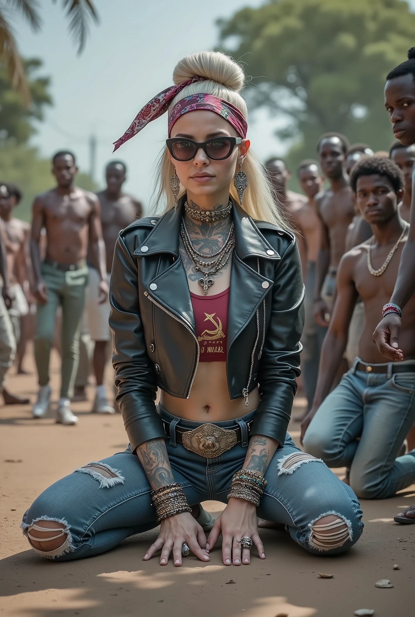 russian old milf woman, , blonde platinum hair (beehive bun) and wide colourful bandana as headband). Wearing oversized square maxi sunglasses. Square face, with very light green eyes, extremely pale. No tan. Wearing aged cropped black moto jacket (zippers on the side). Cropped short dark red push up t-shirt with winged hammer and sickle logo and gothic lettering,, dark skinny low rise blue jeans with holes on knees (white cotton visible). White tennis sneakers and bead bracelets around ankles. Lots of thick wide studded bracelets, chain collars and big rings. Tacky wide studded leather belt with skull and bones oval buckle. Long earrings with chains and feathers. Kneeling, stretching her neck.. Hands on knees, spread legs, Toned abdominals, thin neck, slim legs and thin arms. Narrow hips. Heavily tattooed in colour on chest, hands, neck and arms. Crowded dirt street of Nairobi with shirtless men crowding behind her