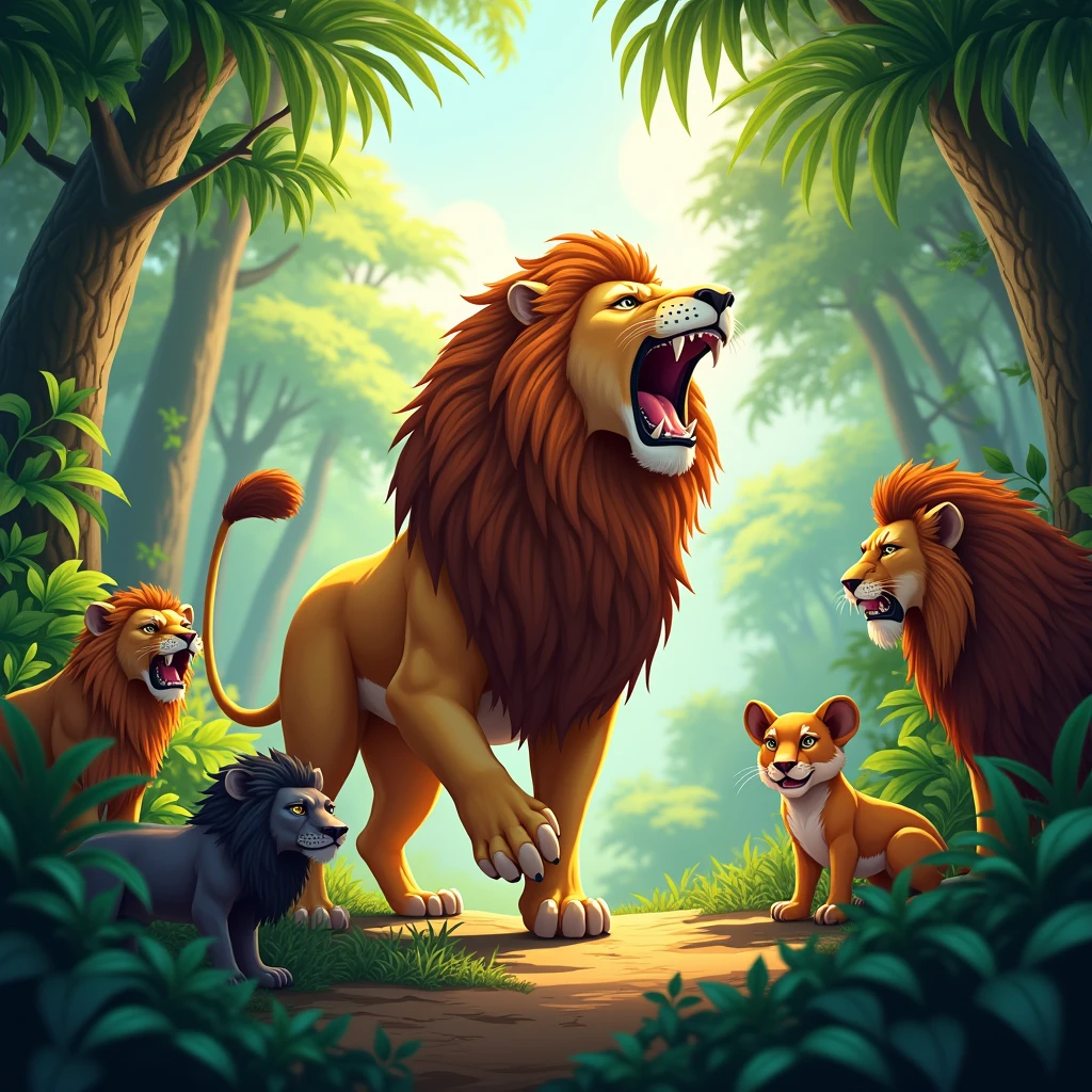 sunny day in the jungle with tall trees, many wild animals around, lion open wide mouth with a shaky roar