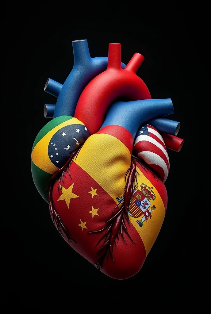 Create a human heart wrapped in Brazilian flags, United States,Germany , Africa, china , spain , com o fundo preto 