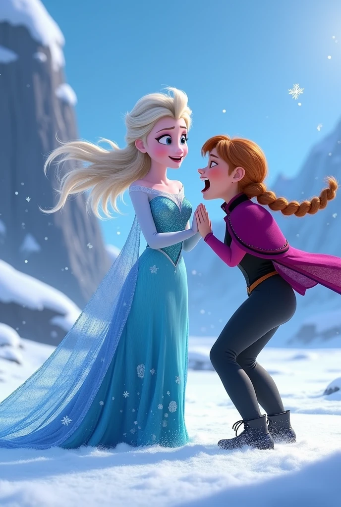 Create an animation with Elsa from Frozen singing Let it go and another character kicking her out saying: go away Frozen for the love of God!
