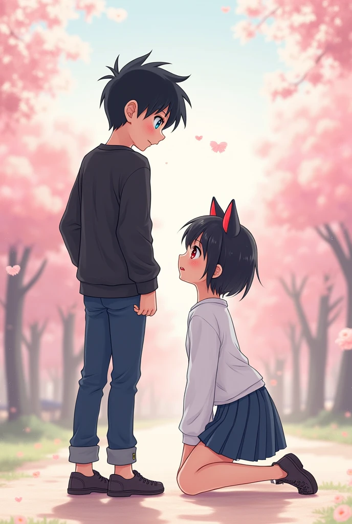 Anime boy with black hair and blue eyes standing and anime girl with black hair and red eyes embarrassed and with cat ears on her knees in front of the boy 