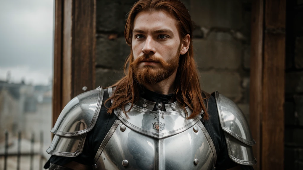 a warrior in gothic era, wearing silver armour, ginger hair and beard