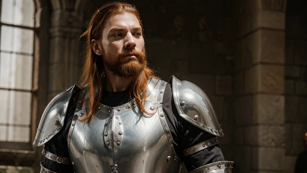 a warrior in gothic era, wearing silver armour, ginger hair and beard