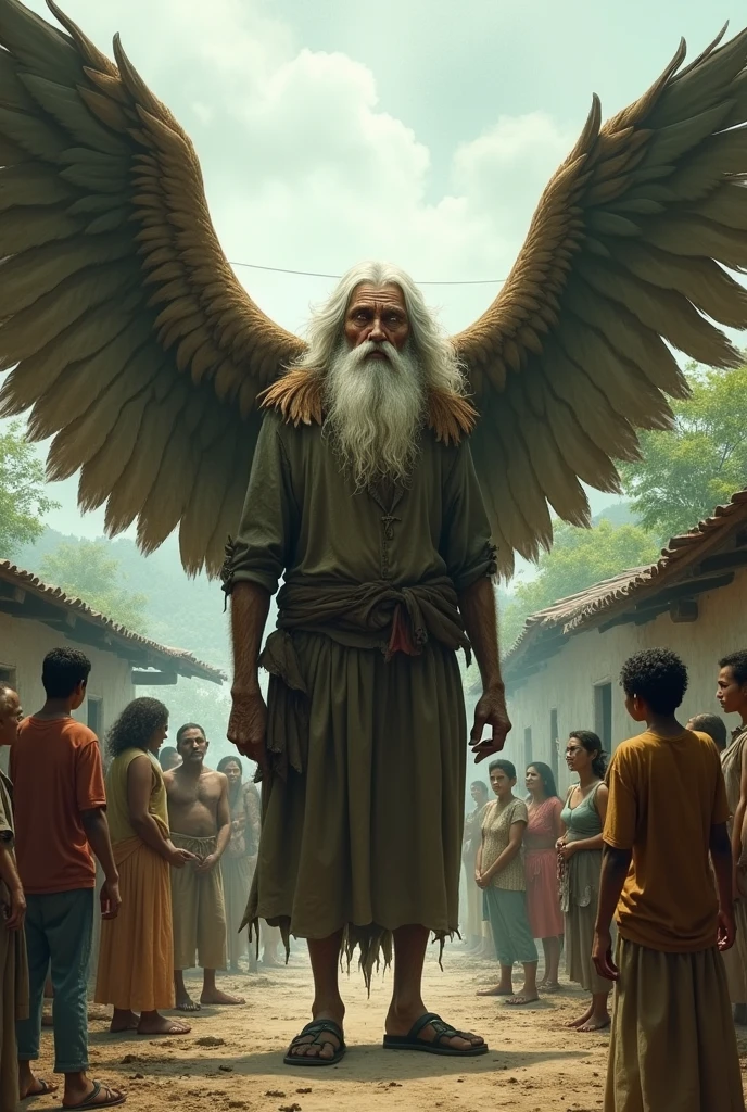 Create an image to represent the work of Gabriel Garcia Marquez, "a very old man with enormous wings"