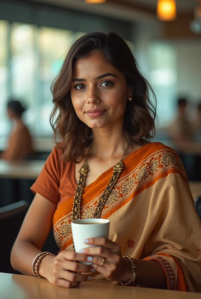 Salwar kurti, light brown hair; medium hair; brown eyes; woman; loves coffee and working in hdfc bank Ltd 
