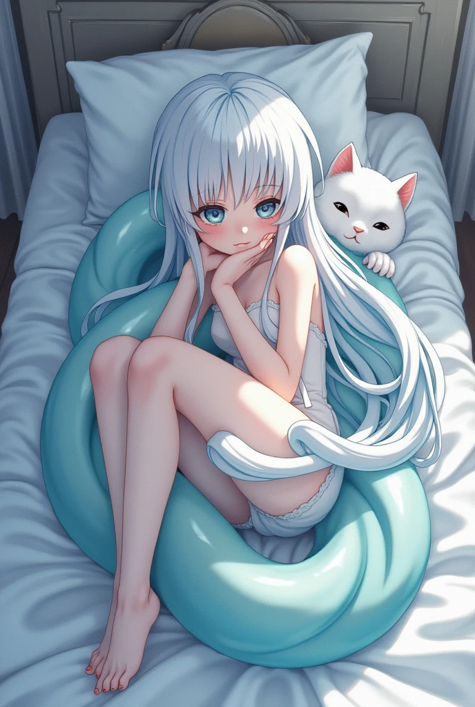 Japanese anime style,White-haired girl,On the bed,Wear white,Charm,A little bit of reality,Some body details,Cat girl,Bust A,Entangled by slime monster