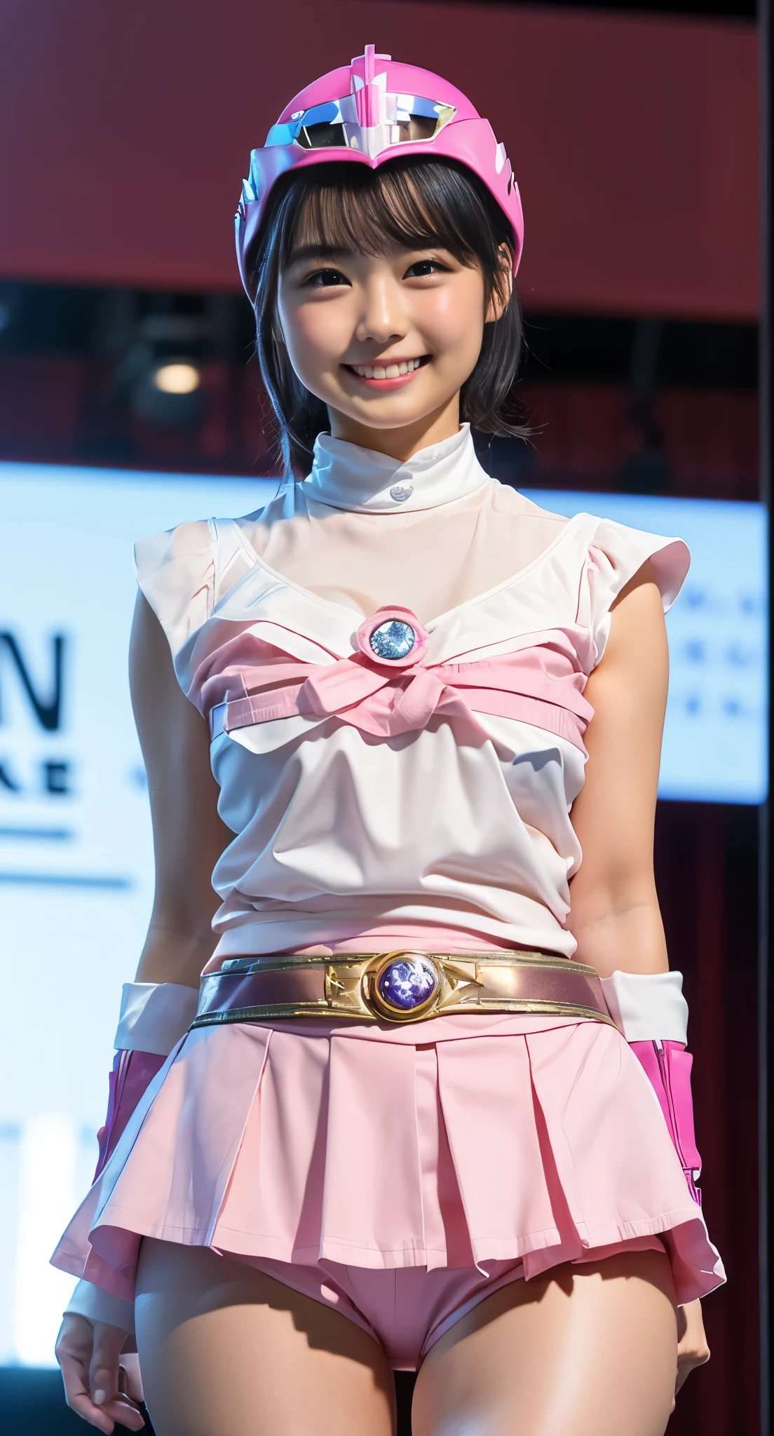 (8k、Raw photography、Highest quality、masterpiece:1.2),(Black Hair、Dark Eyes:1.9),(Pink Ranger costume:1.7)、View your audience,Front view,White skin,(:1.4)、(Tight waist:1.6)、(Clothes that accentuate the shape of the breasts:1.4)、(Big Breasts :1.6)、Slim figure、Ultra-high resolution,beautiful,beautiful fece,(One person、No background:1.9),whole bodyボディー,Japanese women,(reality的:1.37)、Photon Mapping,reality、(Baby-faced and cute: 1.4)、(Cute Smile: 1.8)、(Round face: 1.8)、Radio City、Physically Based Rendering、Depth of field rally background、photograph, (I can see your knees、Thigh close-up:1.8),(:1.6),whole body、Great quality