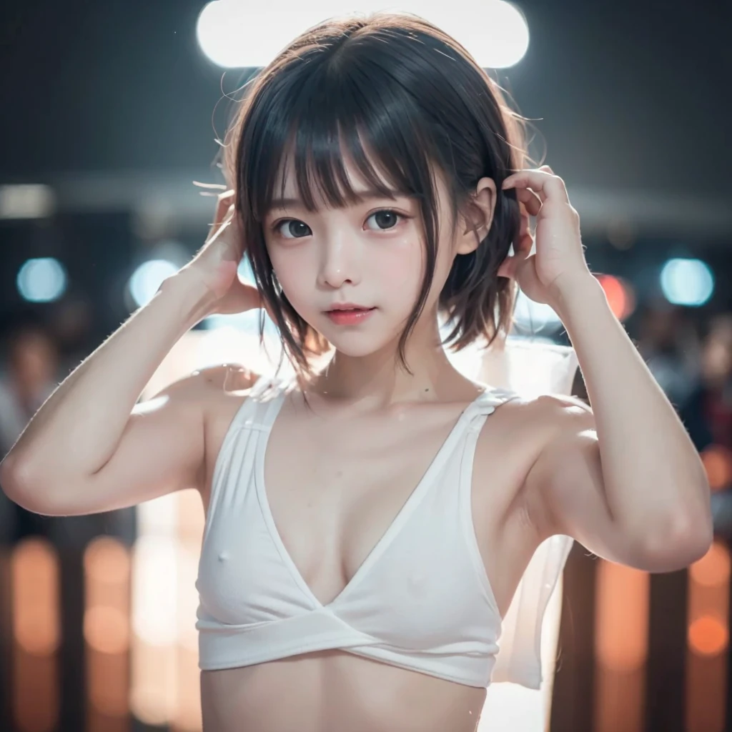 Highest quality、8k,(((Beautiful girl small breasts))),、Cyberpunk Red Green Background、(((Upper body naked))),smile,(((Small body))),(((Cute little sister))),、、Round face,Big eyes, Round eyes、No makeup、Sweaty、Childlike face、(((small breasts like a boy))),２５age、(((Place your hands behind your head)))、(((Sweat on the side)))